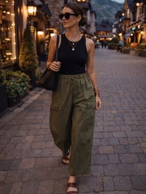 CIDER Olive Wide Leg Cargo Pants - Size OXL High Waisted Drawstring | Minimalist